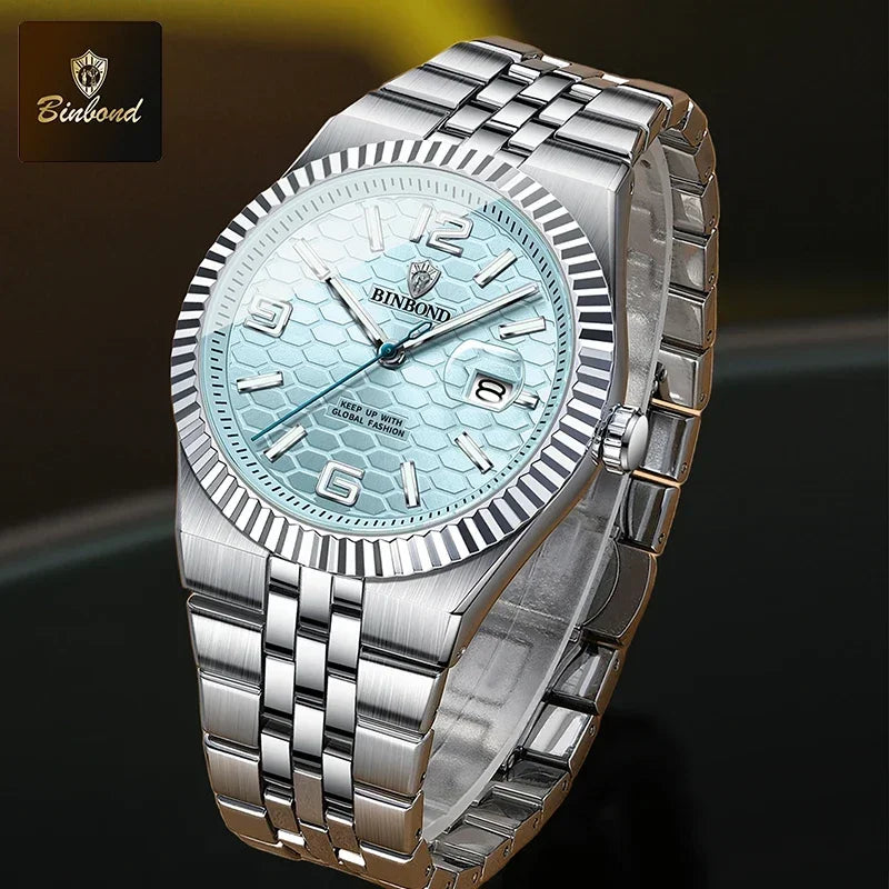 Reloj de Cuarzo BINBOND para Hombre, Esfera Luminosa, Acero Inoxidable