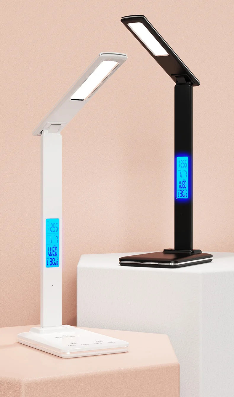 Lámpara de escritorio de lectura plegable, luz de escritorio enchufable USB, 15W, carga inalámbrica para teléfono móvil con tiempo, dormitorio, oficina, protección ocular