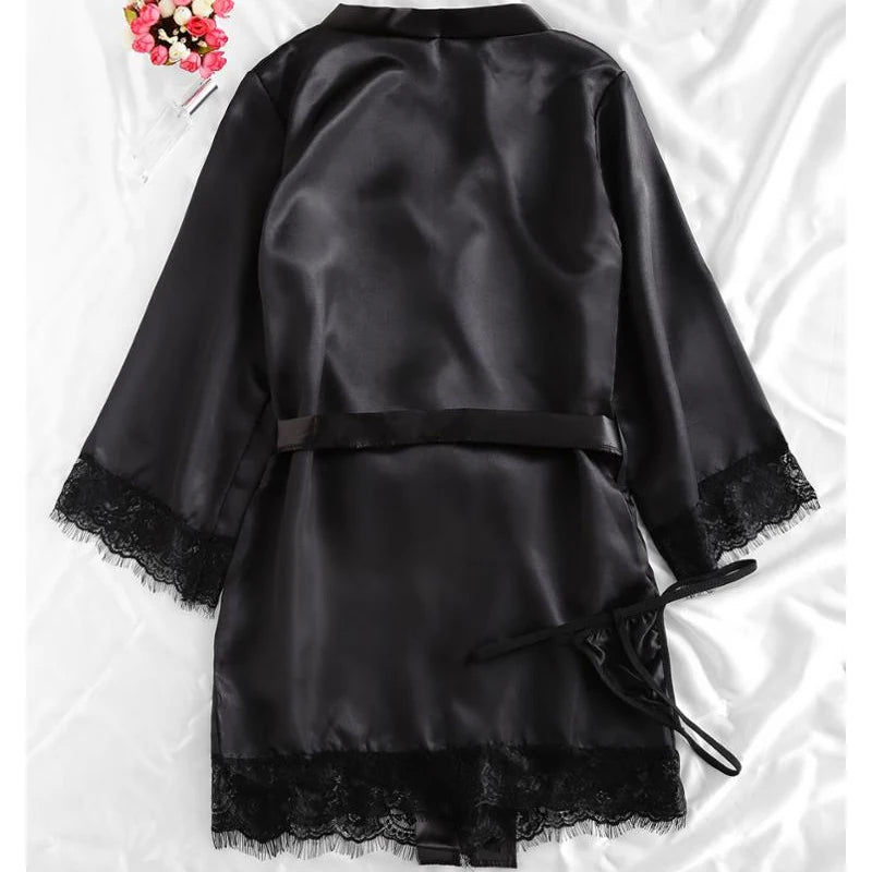 Pijama negro Sexy para mujer, Tops con tirantes de seda y encaje de 4 piezas, pantalones cortos, bata, conjunto de pijama, camisón, ropa interior, traje