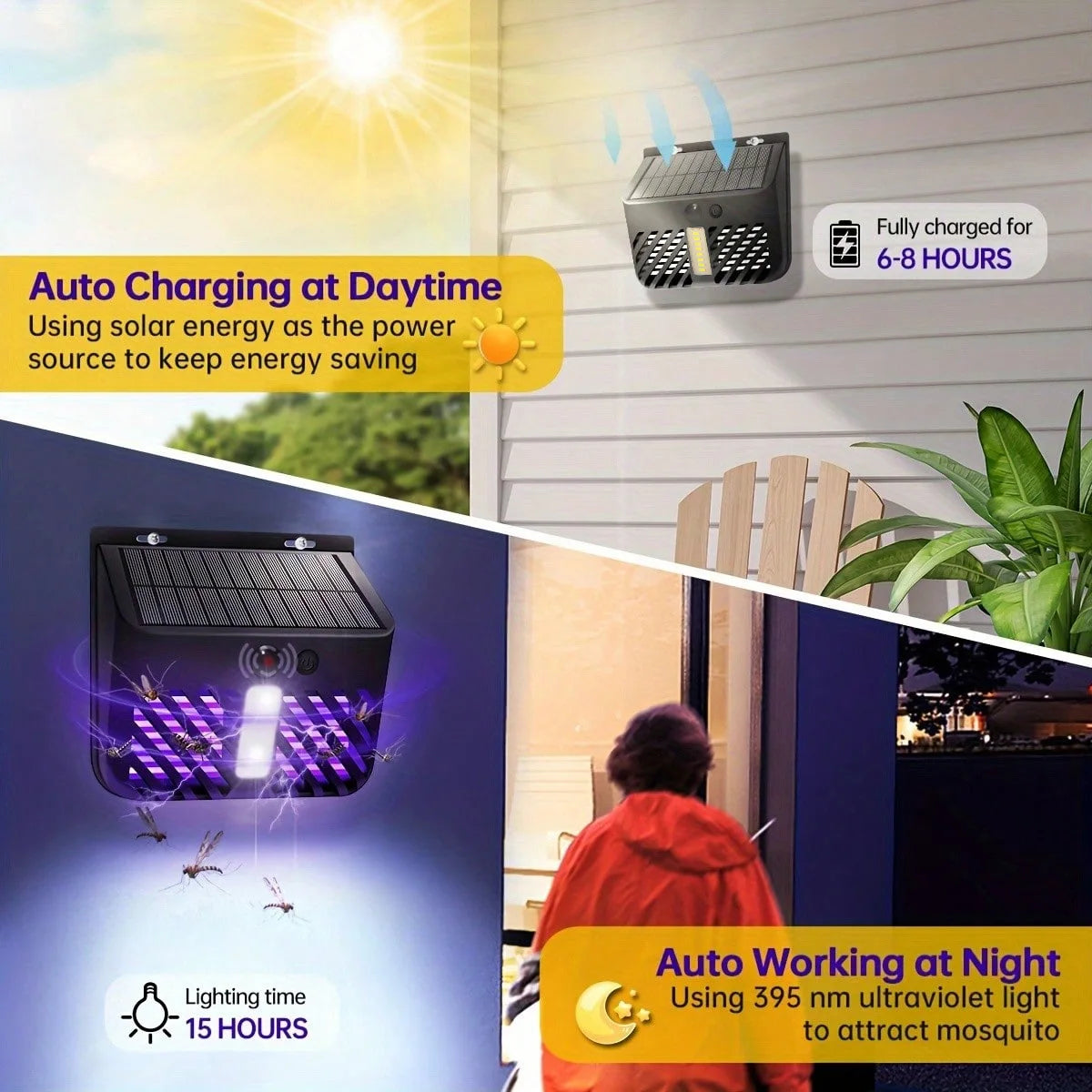 Luz solar, exterminador de insectos, matamosquitos para exteriores con sensor de movimiento, trampa para moscas impermeable con energía solar para jardín, patio, pared