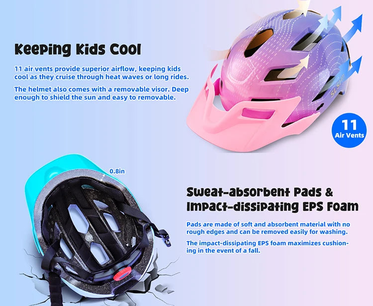 Casco de bicicleta para niños con casco LED, casco de patinaje sobre ruedas para bicicleta de equilibrio de seguridad deportiva para niños