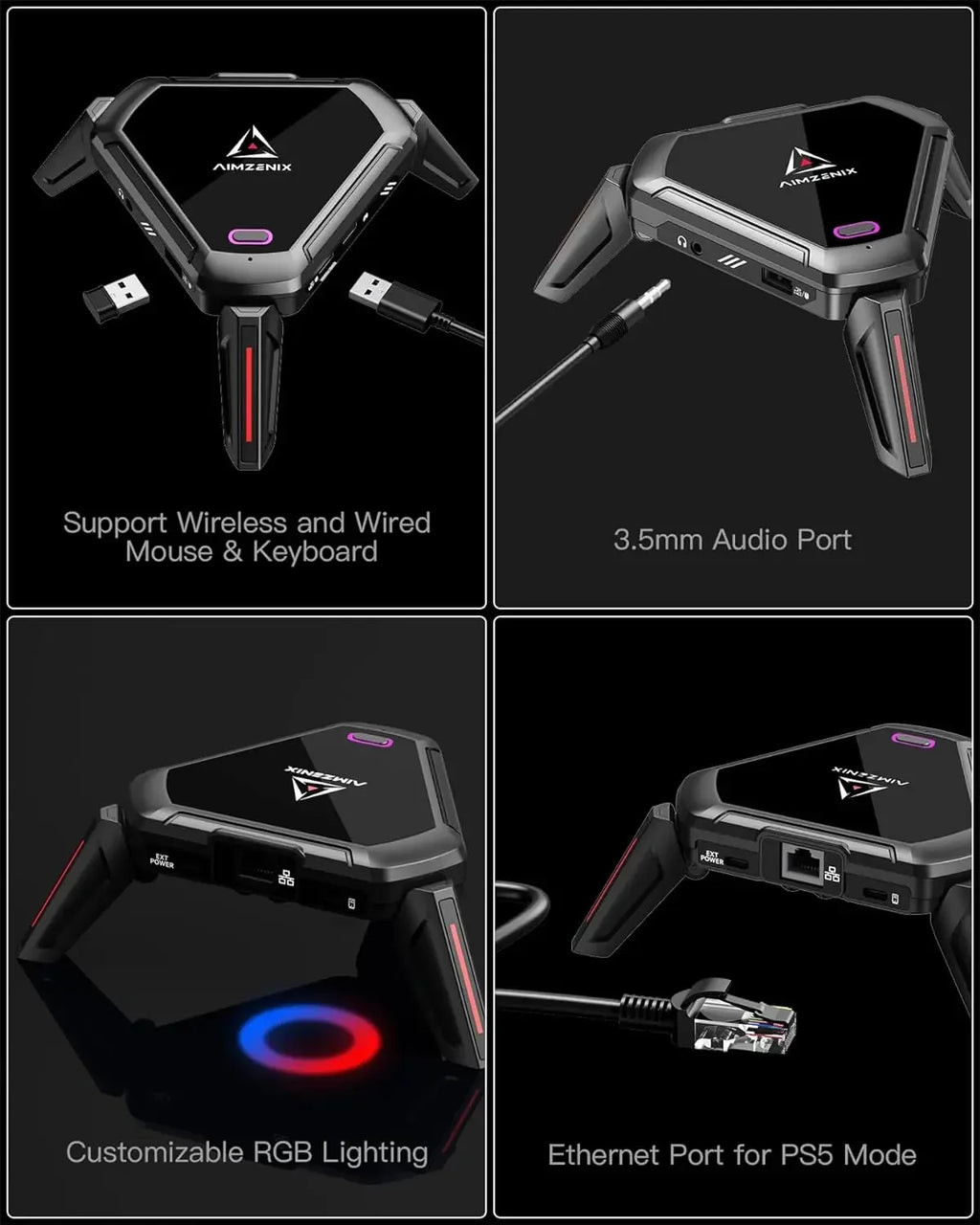 Adaptador de Teclado y Ratón AIMZENIX AX600 MONSTER para PS5/PS4/Xbox Series X | S/Xbox One/Switch - Compatible con auriculares de 3.5mm y dispositivos móviles