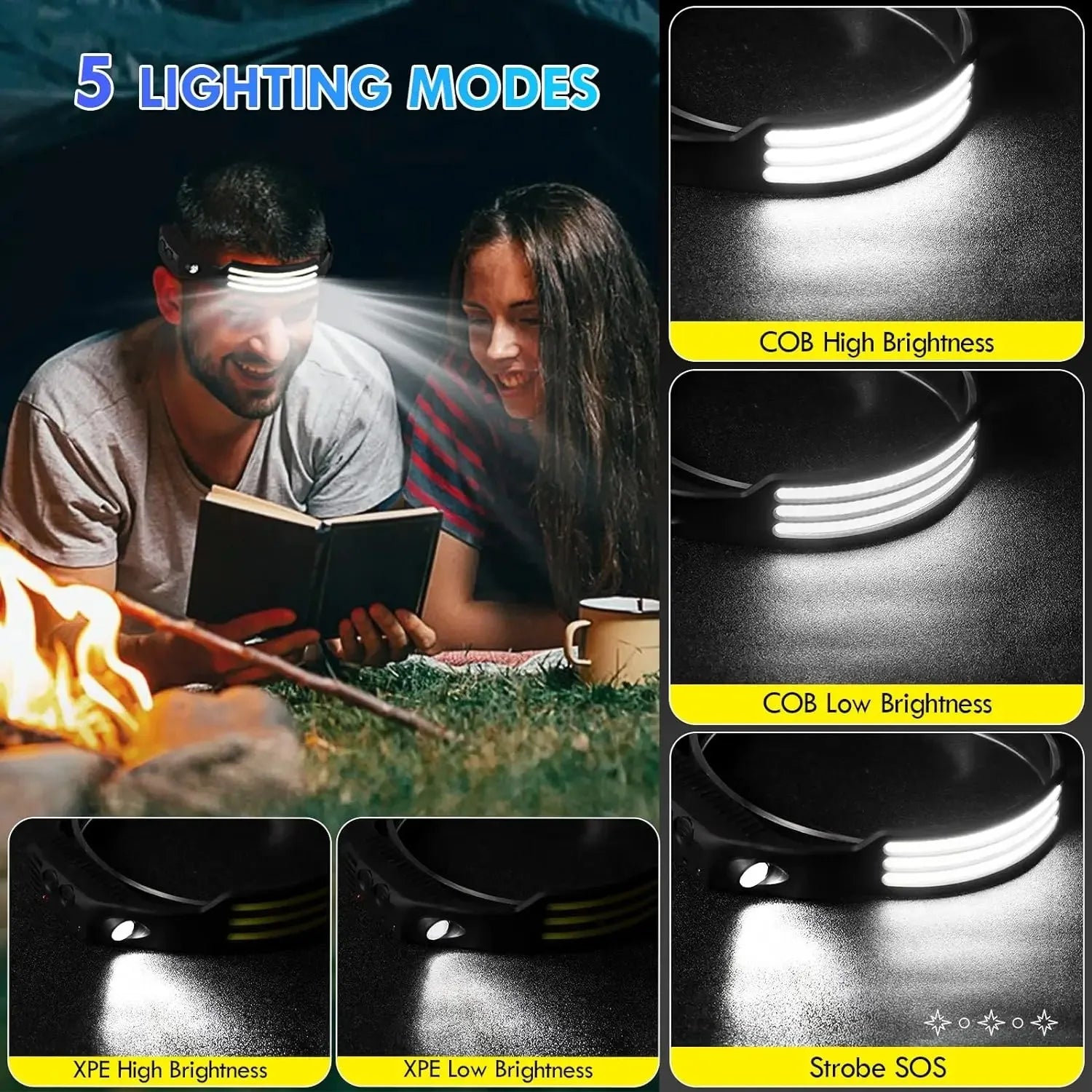 Linterna Frontal LED COB Recargable USB 1200mAh para Camping