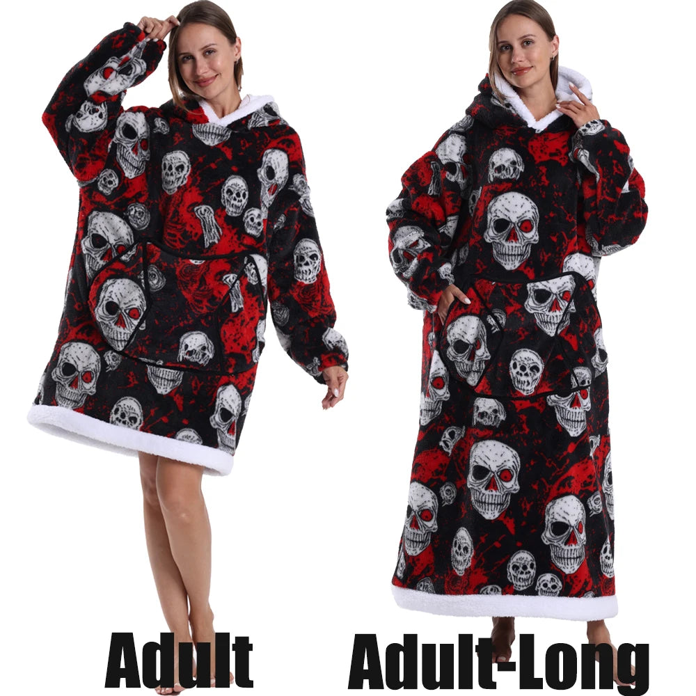 Sudaderas con capucha para mujer, Top de manga larga esponjoso y cálido en negro y gris, sudadera con capucha de fantasma y calavera de calabaza para Halloween, manta de gran tamaño para adultos, ropa de invierno