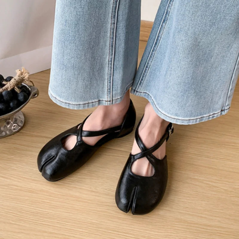 Zapatos Planos de Mujer con Punta Dividida, Estilo Mary Jane, Minimalistas, con Tira Cruzada, de Cuero PU Liso, Zapatos de Ballet, Estilo Francés Chic, Casuales, para Caminar