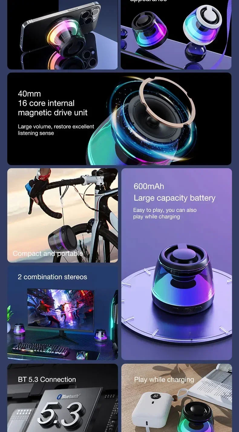 Altavoz para juegos con soporte magnético para teléfono inalámbrico: compatible con MagSafe y Android, resistente al agua IPX5, iluminación RGB, montaje en superficie metálica