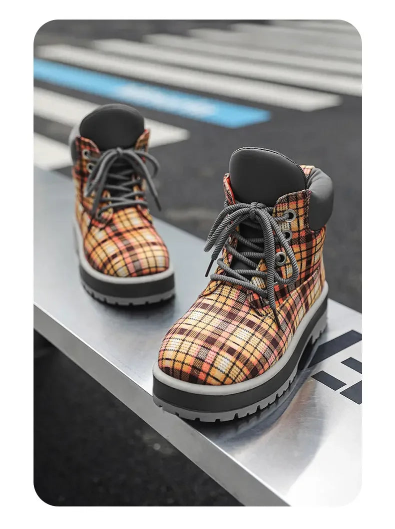 Botas de tobillo a cuadros para hombre con cordones y suela antideslizante