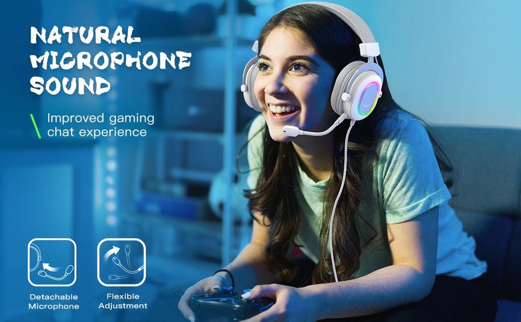 FIFINE RGB Auriculares para juegos con sonido envolvente 7,1/3-EQ/MIC, auriculares supraaurales con control en línea para PC PS4 PS5 Ampligame-H6W