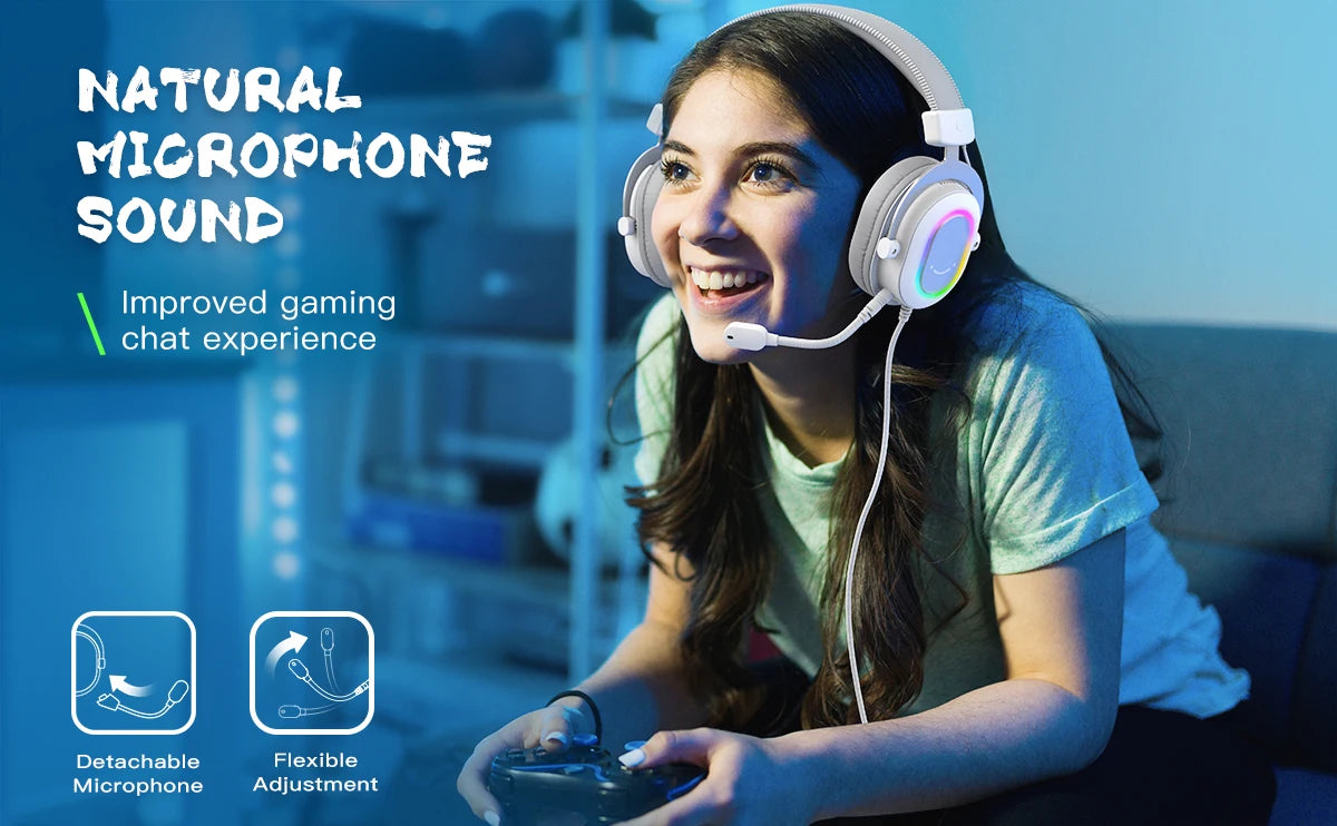 FIFINE RGB Auriculares para juegos con sonido envolvente 7,1/3-EQ/MIC, auriculares supraaurales con control en línea para PC PS4 PS5 Ampligame-H6W