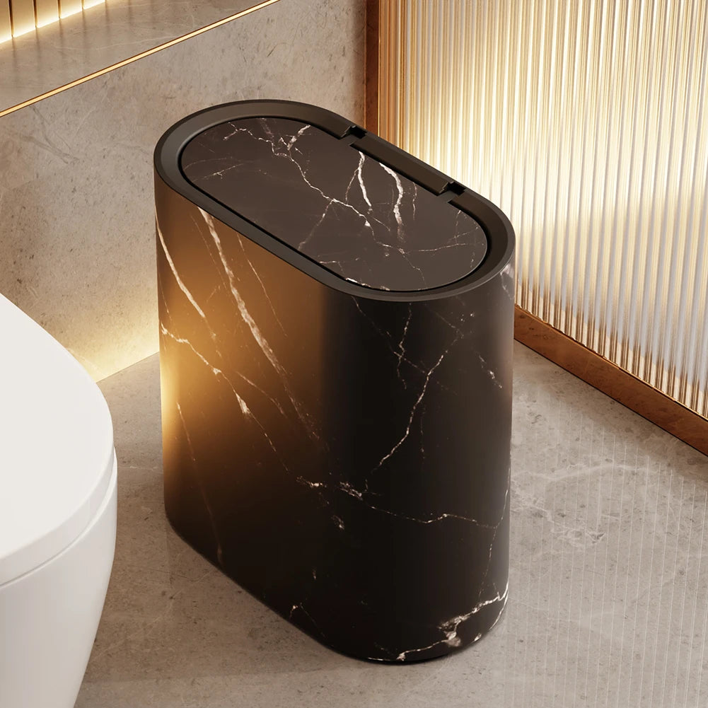 Cubo de basura delgado con tapa para baño y cocina, diseño mármol y madera