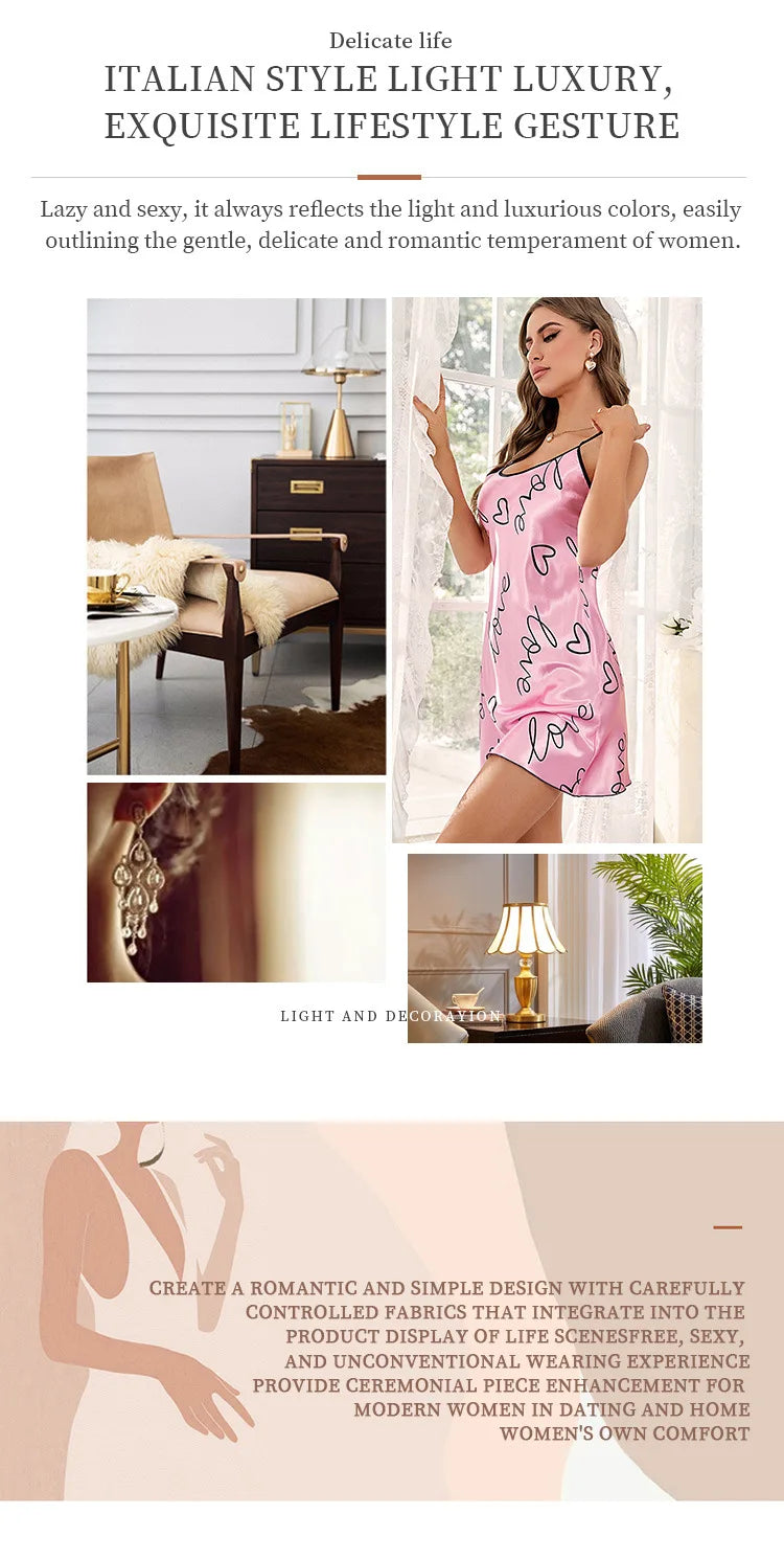 Camisón con estampado de corazón Vestido de dormir elegante con cuello redondo y espalda cruzada Ropa de dormir para mujer
