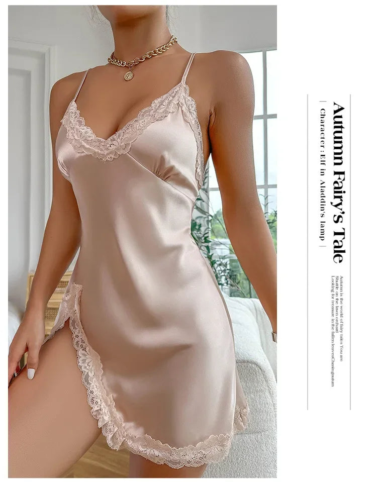Camisón Lencería Leopardo con Encaje, Escote V y Abertura Lateral