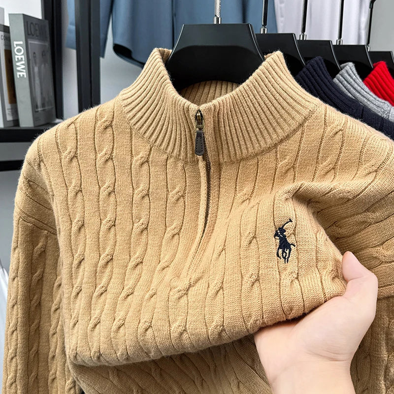 Suéter Vintage para Hombre con Cuello Alto, Bordado y Cremallera