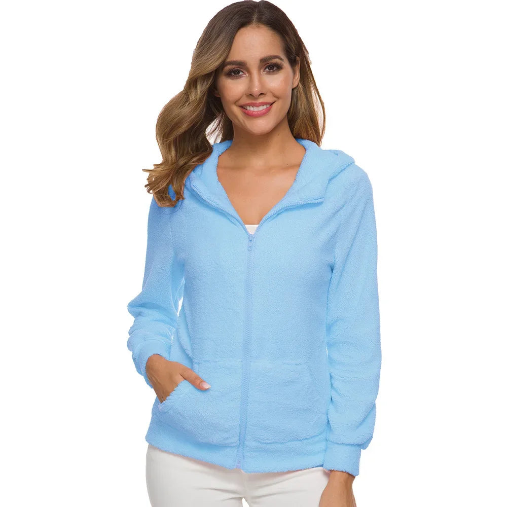 Chaqueta cálida de otoño e invierno para mujer, Sudadera con capucha informal 2025, sudaderas con capucha para mujer, sudadera con cremallera, abrigo liso de lana suave para mujer