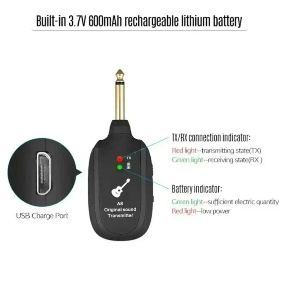 Transmisor y receptor inalámbrico para guitarra de 50M, sonido original sin demora, recargable, para guitarra eléctrica, bajo, ukelele, uso en escenario y estudio.