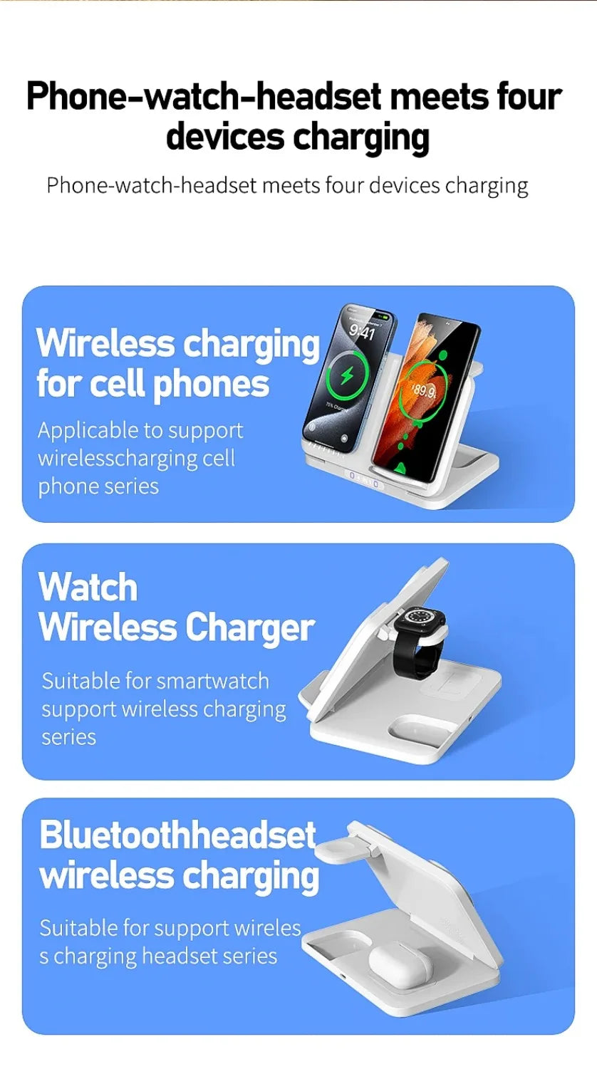 Cargador Inalámbrico 4 en 1 para Dos Teléfonos, Compatible con iPhone 17~12, Samsung S25, Xiaomi, Airpods Pro, Apple Watch 11~2, Carga Rápida Magnética