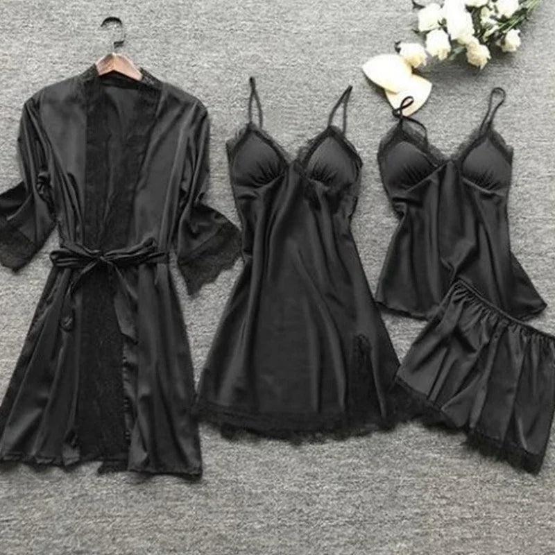 Pijama Set 4 Piezas de Encaje con Escote en V y Almohadillas
