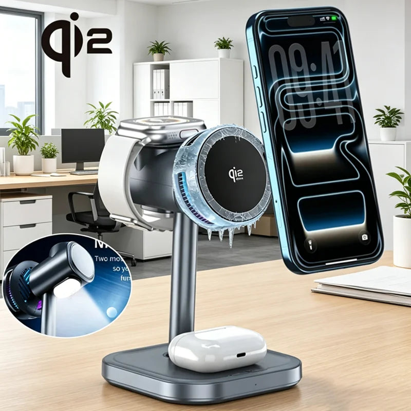 Cargador Inalámbrico Magnético Qi2 de 25W con Luz LED y Refrigeración por Aire para iPhone 17 16 15 14 13 12, Apple Watch y Airpods Pro, Carga Rápida