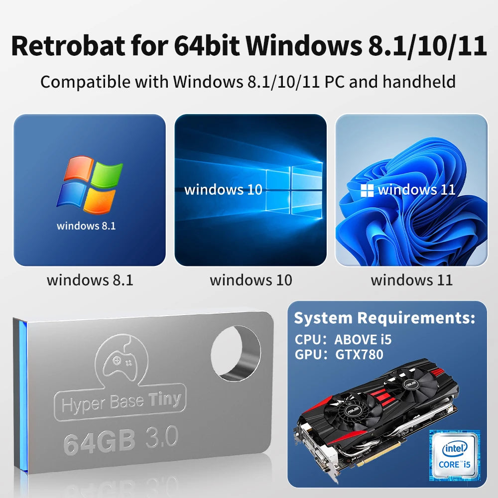 Retrobat portátil 64G USB 3,0 disco 8731 emuladores de juegos Retro para PSP/DC/N64/SNES para PC, portátil, Rog Ally & Legend GO de mano