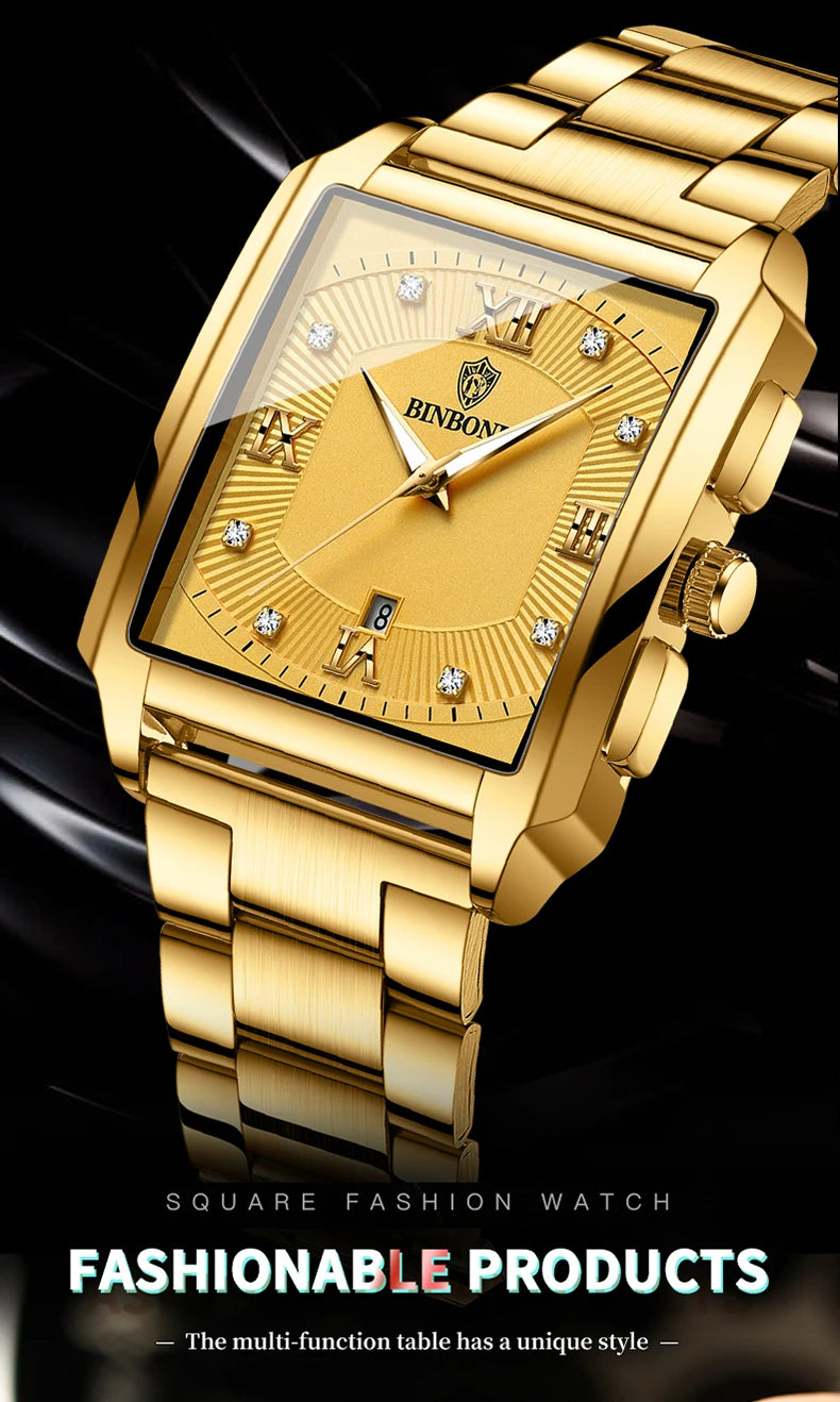 Reloj de Cuarzo Analógico de Lujo BINBOND para Hombre Esfera Cuadrada