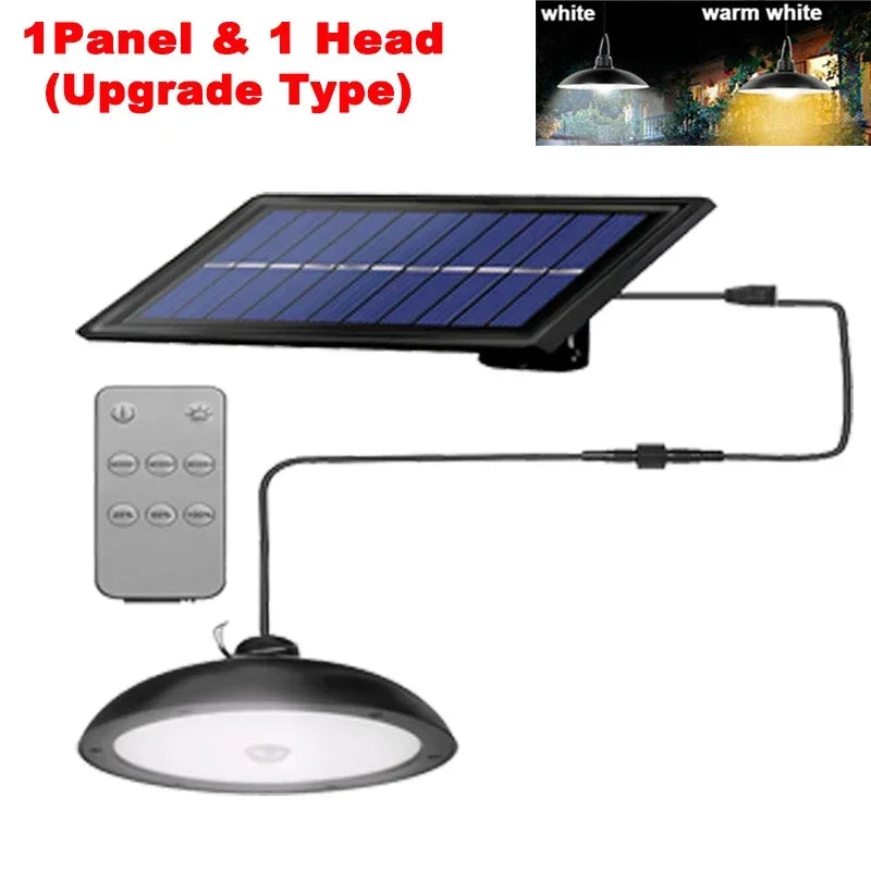 Lámpara solar para exteriores, lámpara LED impermeable, decoraciones de luz colgante de doble cabeza con control remoto para cobertizo interior, granero Roo