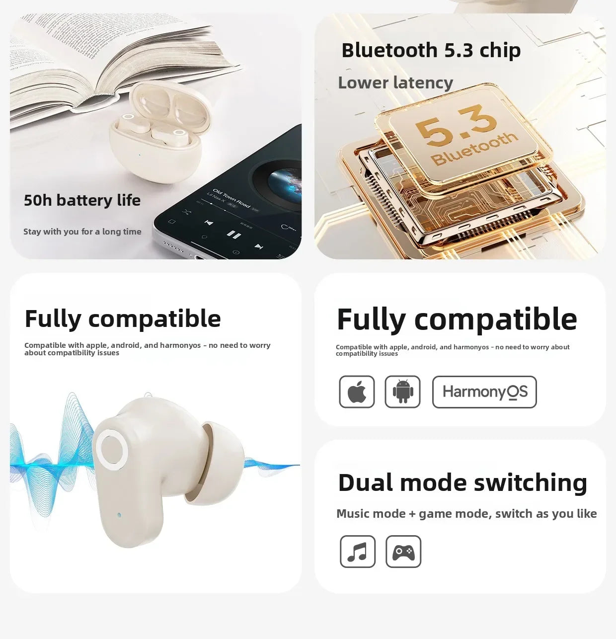 Auriculares inalámbricos Bluetooth 5.3 TWS con control táctil, larga duración de batería, bajos profundos, para juegos, modo dual, baja latencia.