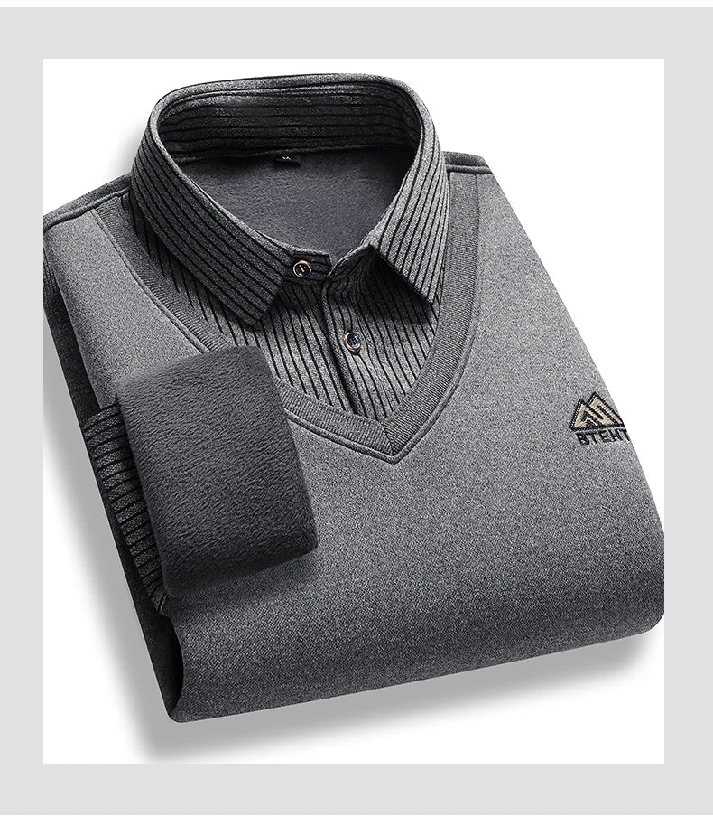 Suéter forrado de lana para hombre, jersey con cuello tipo Polo, Tops falsos de dos piezas, jerséis informales de negocios a la moda, ropa gruesa de invierno
