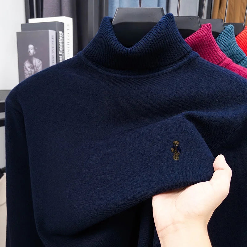 Suéter de Punto de Manga Larga para Hombre, Diseño de Alta Gama, Estampado de Oso, Cuello Alto, Estilo Informal, Versátil, Cálido y Moderno