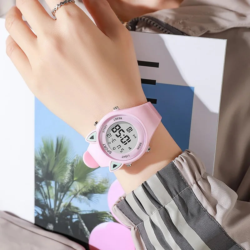 Reloj infantil con orejas de gato y pulsera, reloj digital impermeable, reloj deportivo electrónico LED para niñas, niños, estudiantes, regalo para niños