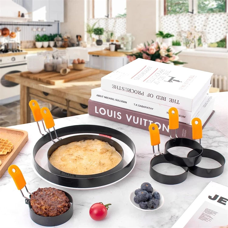 LMETJMA-Juego de moldes para tortitas, anillos para huevos, anillo para huevos fritos de acero inoxidable, moldeadores de tortitas con mango de silicona JT195