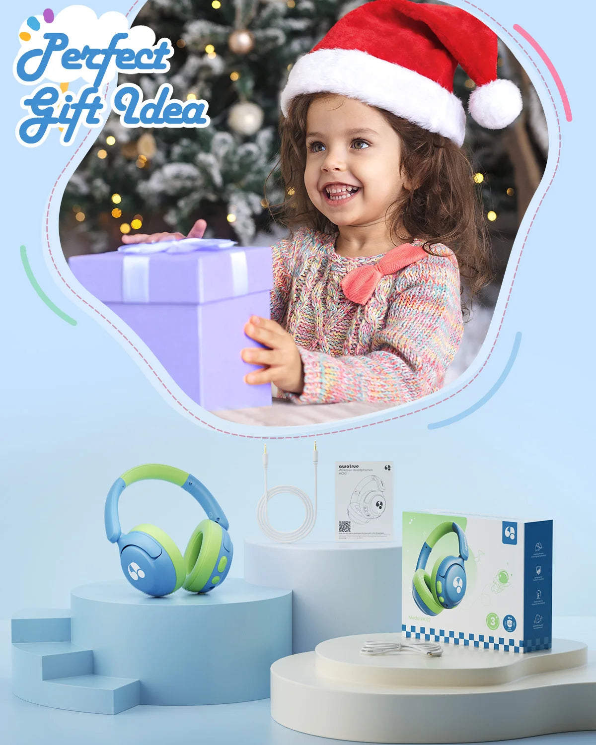 Awatrue-auriculares Bluetooth 5,4 para niños, cascos supraaurales inalámbricos ligeros con volumen seguro de 85dBA para IPad/reproductor YOTO/tableta/escuela
