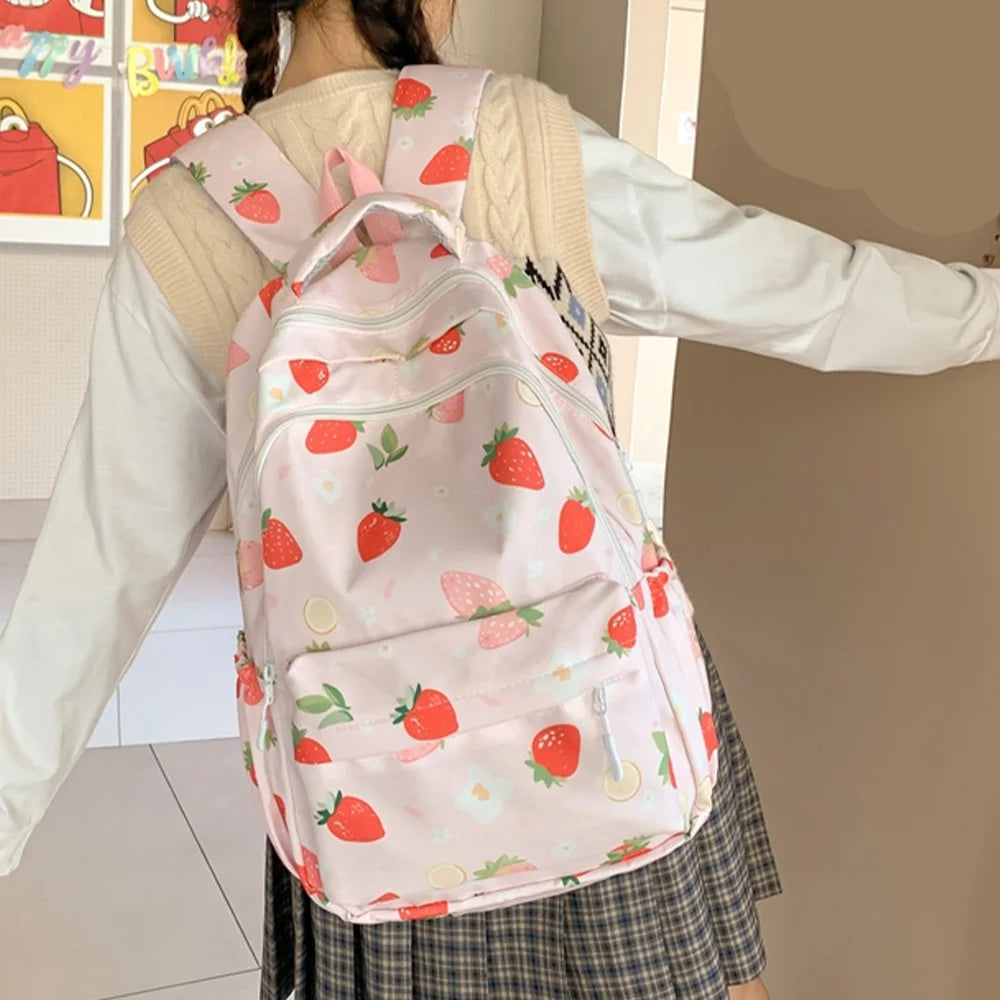 Mochila Escolar de Nailon con Estampado de Fresas Resistente al Agua