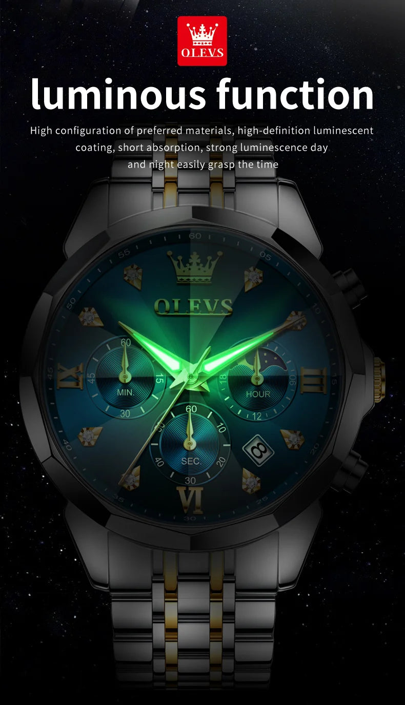 Reloj OLEVS 3670 Cronógrafo para Hombre Fase Lunar Resistente al Agua