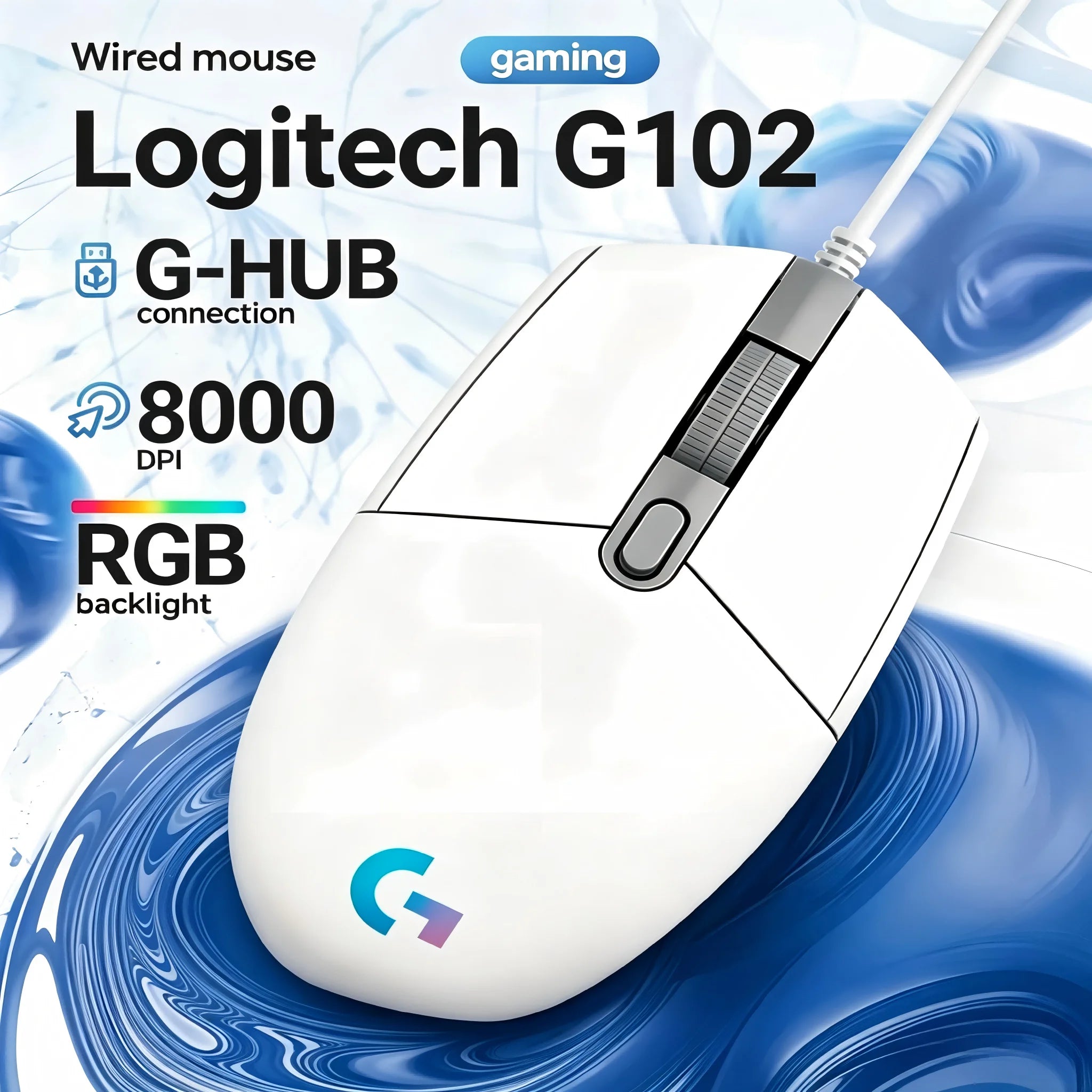 Ratón para Juegos Logitech G102 con Cable, LIGHTSYNC RGB, 8000 DPI, 6 Botones Programables para PC, Portátil y Deportes Electrónicos