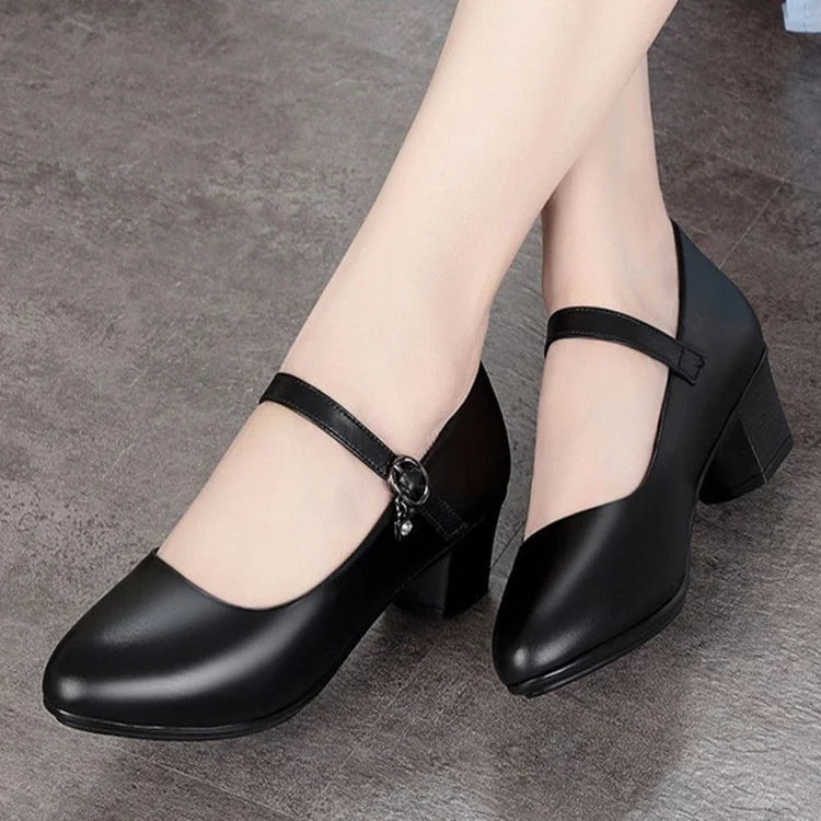 2025 Nuevos zapatos de tacón medio para mujer: cuero suave antideslizante con hebilla ajustable, cómodos para uso diario e informal