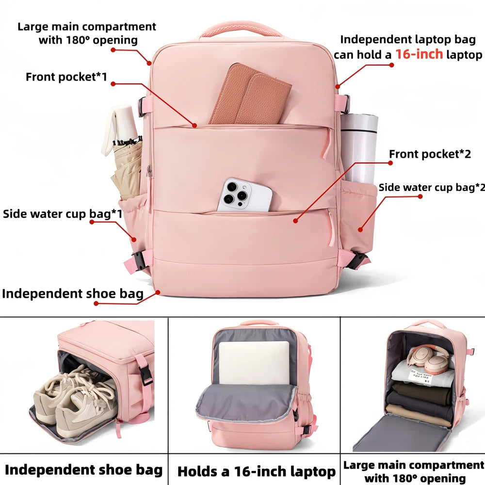 Mochila de viaje expandible para llevar como equipaje de mano, 180 °     Bolsa de Viaje con Abertura Frontal, Bolsa Casual Multibolsillos para Uso Diario y Viajes