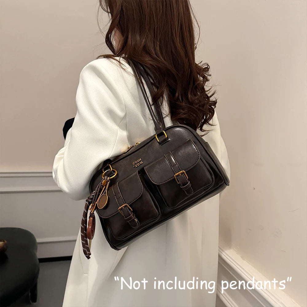 Bolso de Hombro Cuero PU Retro para Mujer, Gran Capacidad y Múltiples Bolsillos