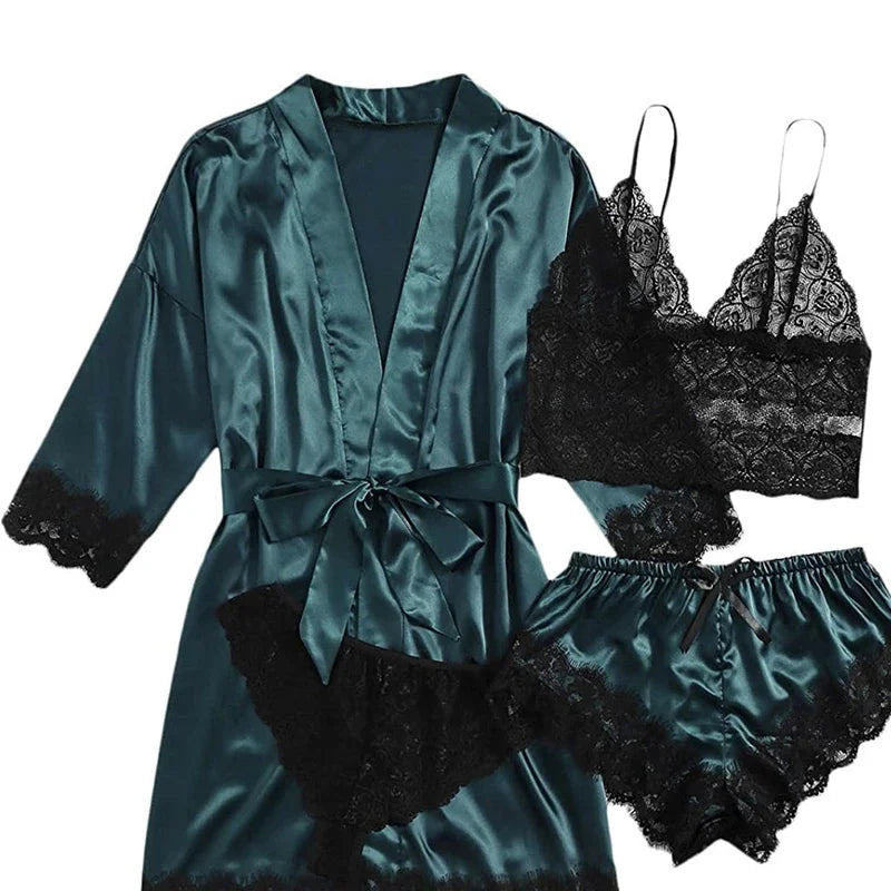 Conjunto de Pijama Sexy para Mujer 4 Piezas con Encaje