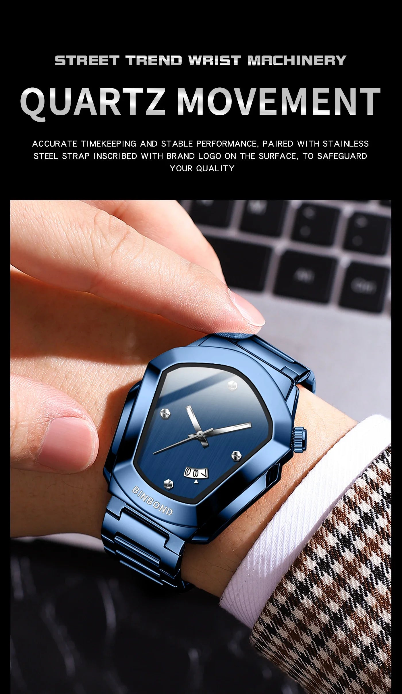 Reloj de Cuarzo BINBOND para Hombre, Lujo, Acero Inoxidable, Calendario