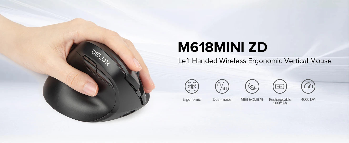 Delux M618ZD Ratón Vertical inalámbrico ergonómico de mano izquierda Bluetooth 2,4 GHz recargable silencioso clic ratones para oficina mano pequeña