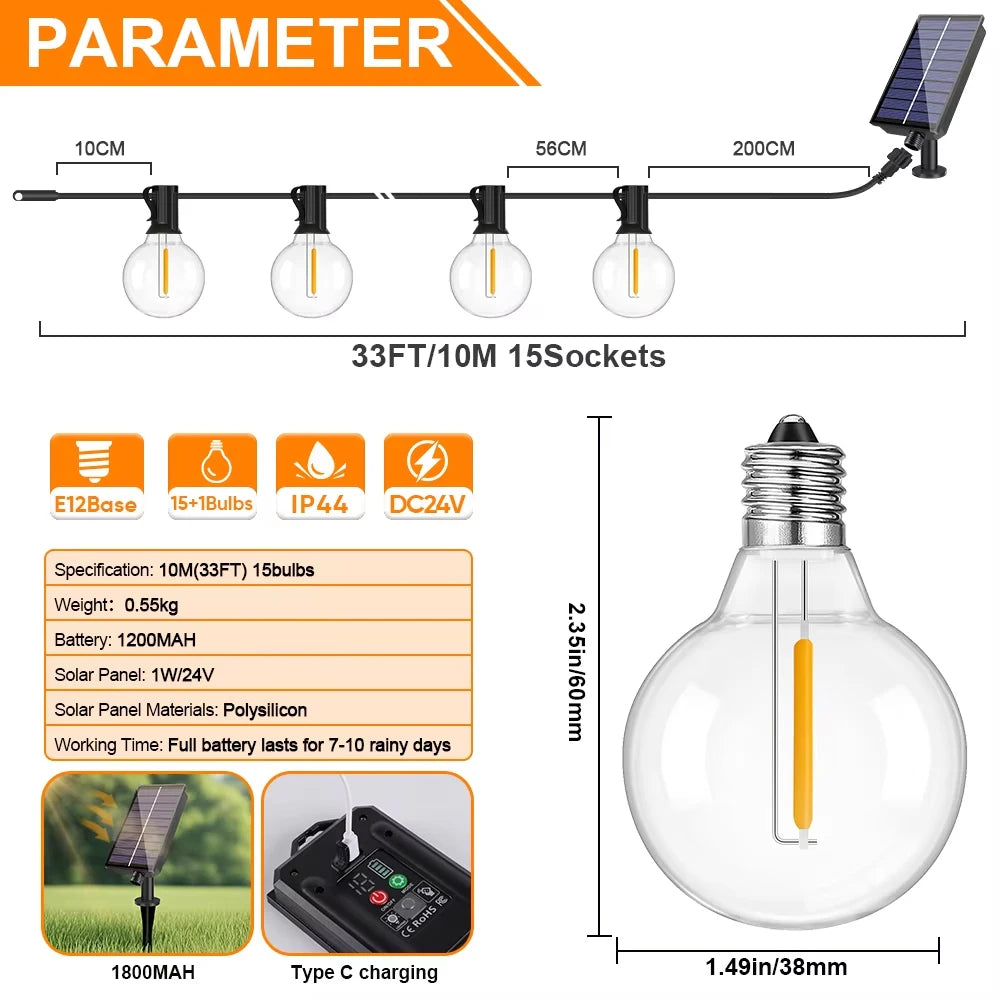 Guirnalda de Luces Solares G40 para Exteriores, Impermeable IP44, 7.6 a 30M