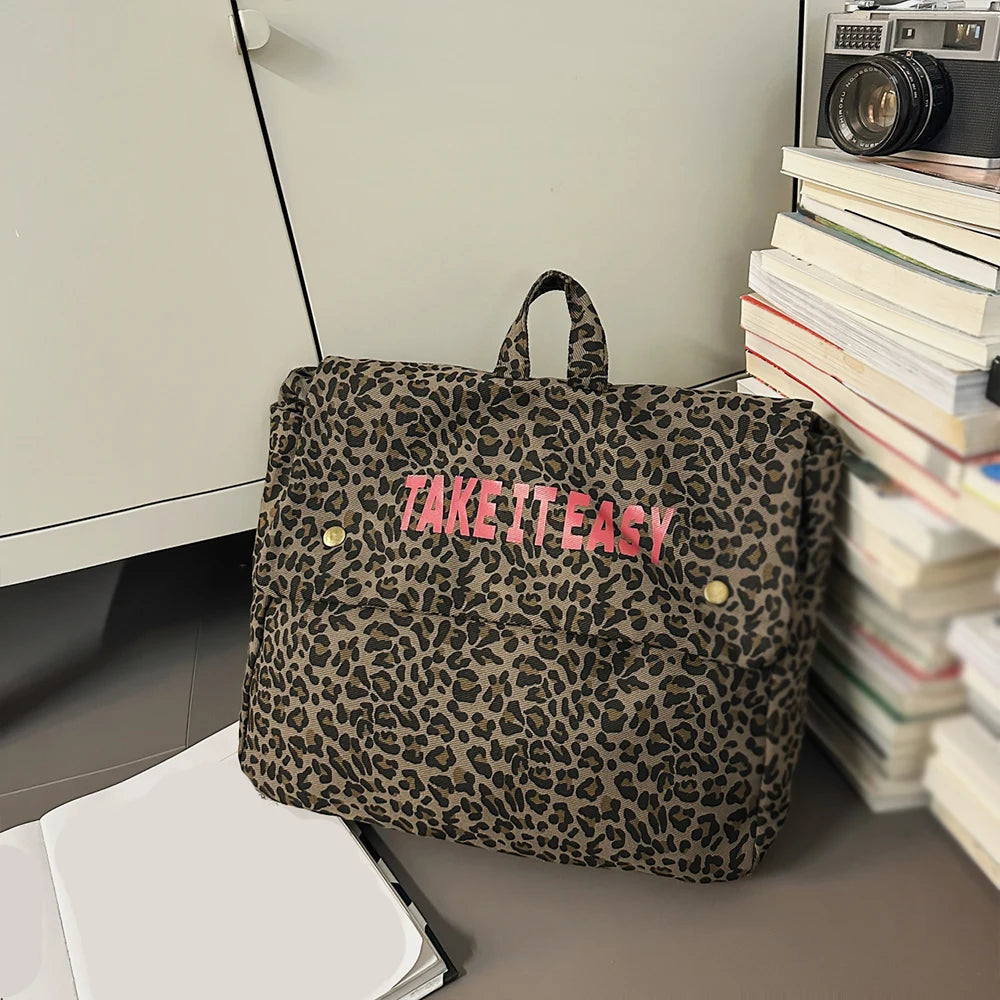 Mochila de Lona Estampado Leopardo Estilo Coreano 2025