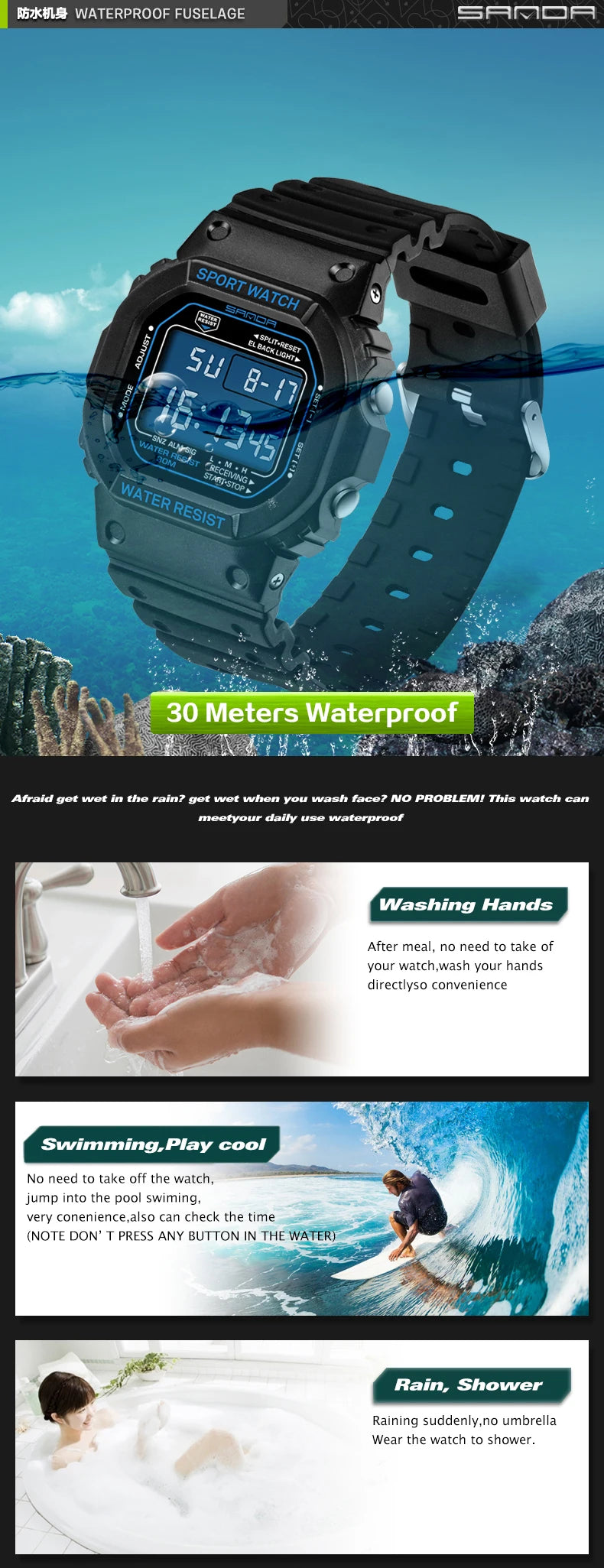 Reloj Digital Deportivo SANDA 329 para Hombre, LED, Resistente al Agua