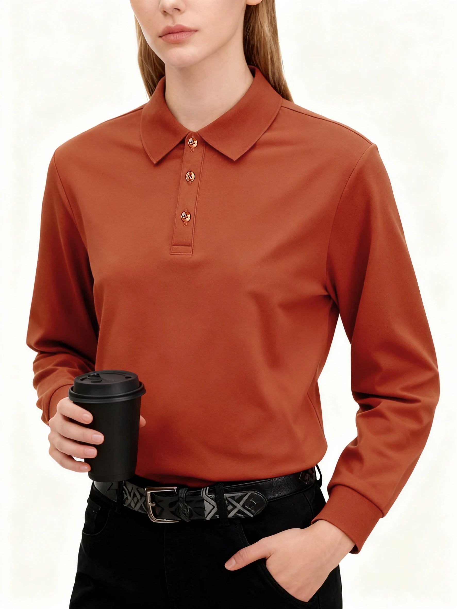 Polo de Manga Larga Ajustado para Mujer, Cuello con Solapa