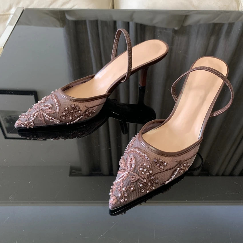 Sandalias de Tacón Alto con Malla Bordada y Cuentas para Mujer