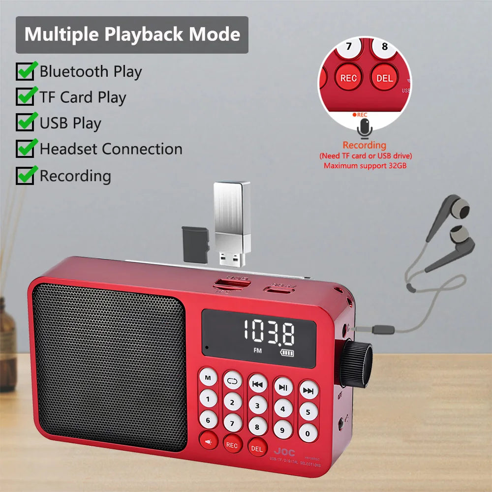 Radio FM Solar, Altavoz Bluetooth portátil con luz LED, compatible con grabación de tarjetas TF, reproducción USB, altavoz inalámbrico, Radio, receptor FM