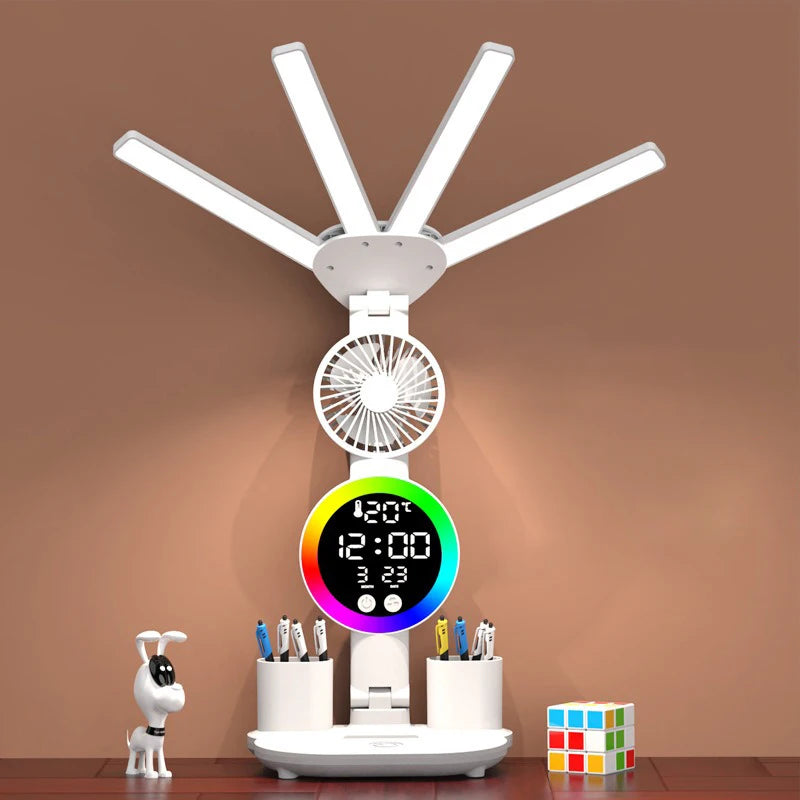 Lámpara de Mesa Recargable con Ventilador y Reloj LED