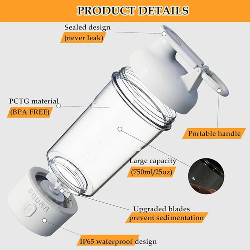 Botella Agitadora Eléctrica 25oz para Batidos de Proteínas con Carga USB-C