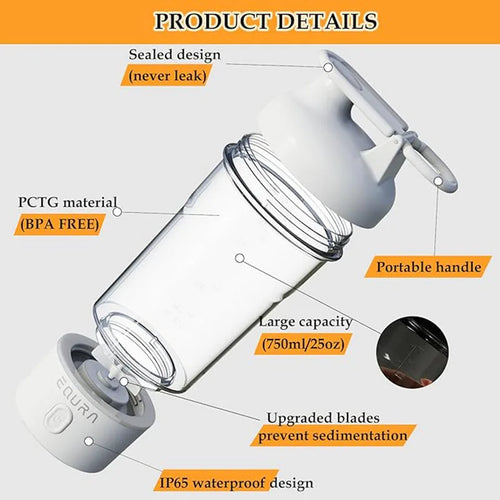 Botella Agitadora Eléctrica 25oz para Batidos de Proteínas con Carga USB-C