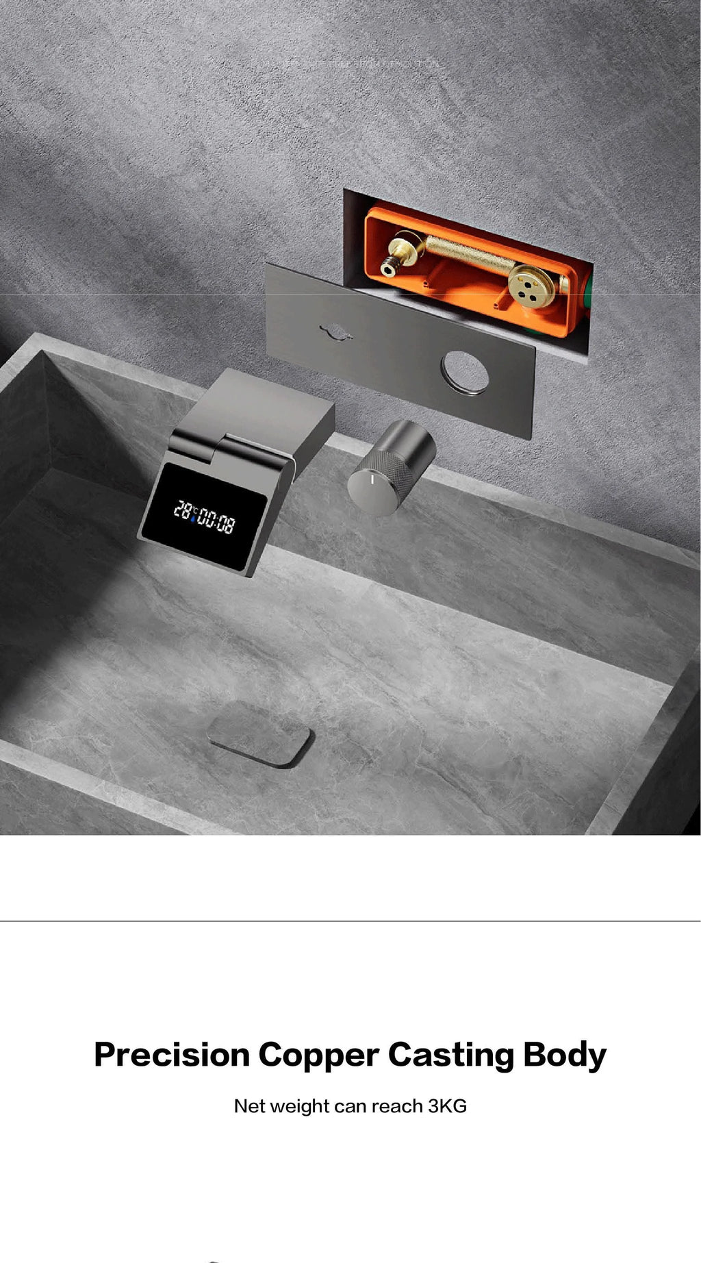 Grifo de baño montado en la pared de latón gris con pistola de lujo con pantalla digital LED Grifo de baño integrado de agua fría y caliente con una sola manija